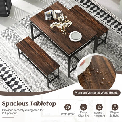 3 Pieces Dining Table Set with Wooden Kitchen Table and 2 Benches-Brown Costway