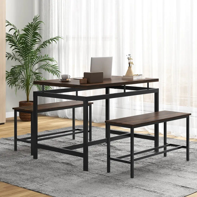 3 Pieces Dining Table Set with Wooden Kitchen Table and 2 Benches-Brown Costway