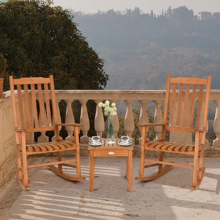 3 Pieces Eucalyptus Rocking Chair Set with Coffee Table - Natural - Patio Conversation Sets