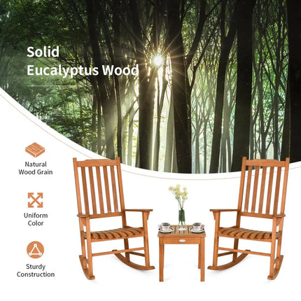 3 Pieces Eucalyptus Rocking Chair Set with Coffee Table - Natural - Patio Conversation Sets