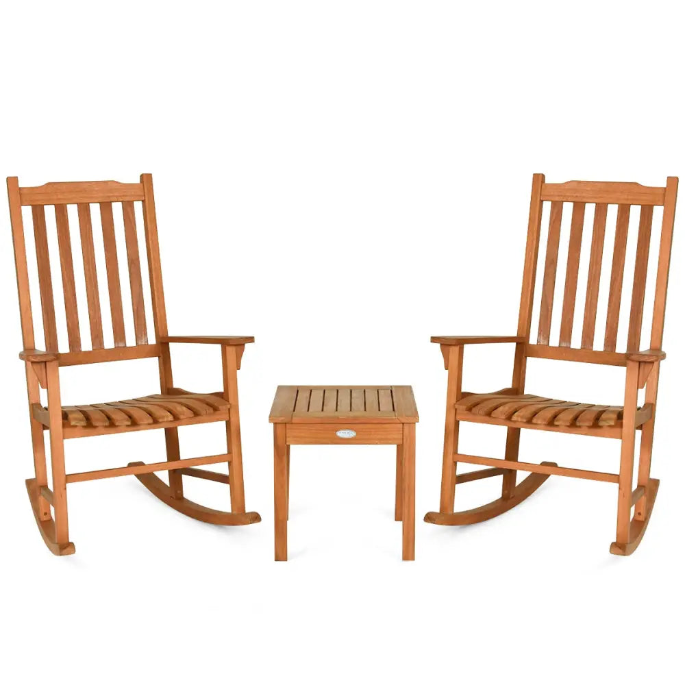 3 Pieces Eucalyptus Rocking Chair Set with Coffee Table - Natural - Patio Conversation Sets