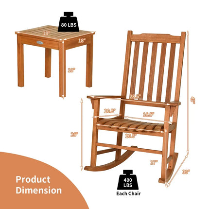 3 Pieces Eucalyptus Rocking Chair Set with Coffee Table - Natural - Patio Conversation Sets