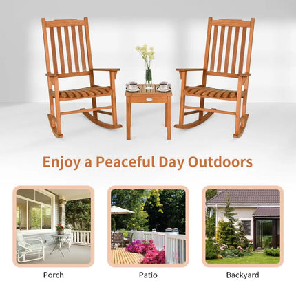 3 Pieces Eucalyptus Rocking Chair Set with Coffee Table - Natural - Patio Conversation Sets