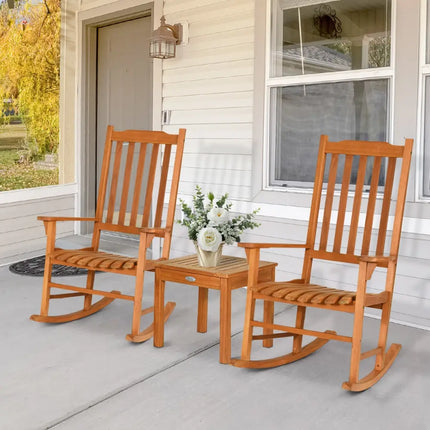 3 Pieces Eucalyptus Rocking Chair Set with Coffee Table - Natural - Patio Conversation Sets