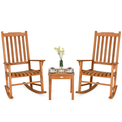 3 Pieces Eucalyptus Rocking Chair Set with Coffee Table - Natural - Patio Conversation Sets