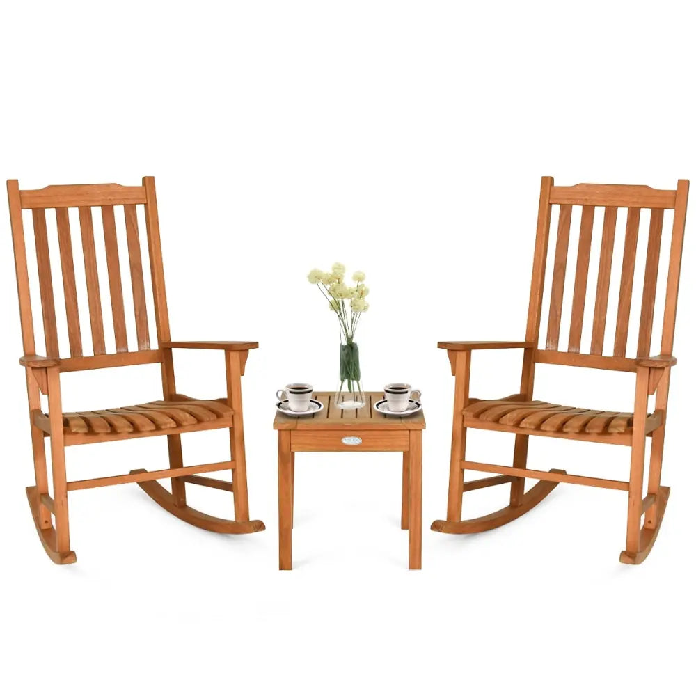 3 Pieces Eucalyptus Rocking Chair Set with Coffee Table - Natural - Patio Conversation Sets