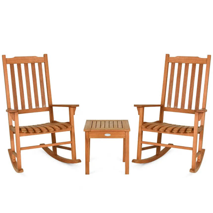 3 Pieces Eucalyptus Rocking Chair Set with Coffee Table - Natural - Patio Conversation Sets