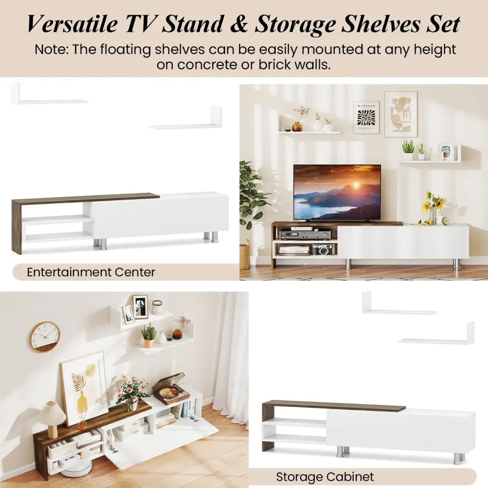 3 Pieces Farmhouse TV Stand for TVs up to 80 Inch with Cabinet and Compartments-White - White - Entertainment Centers &