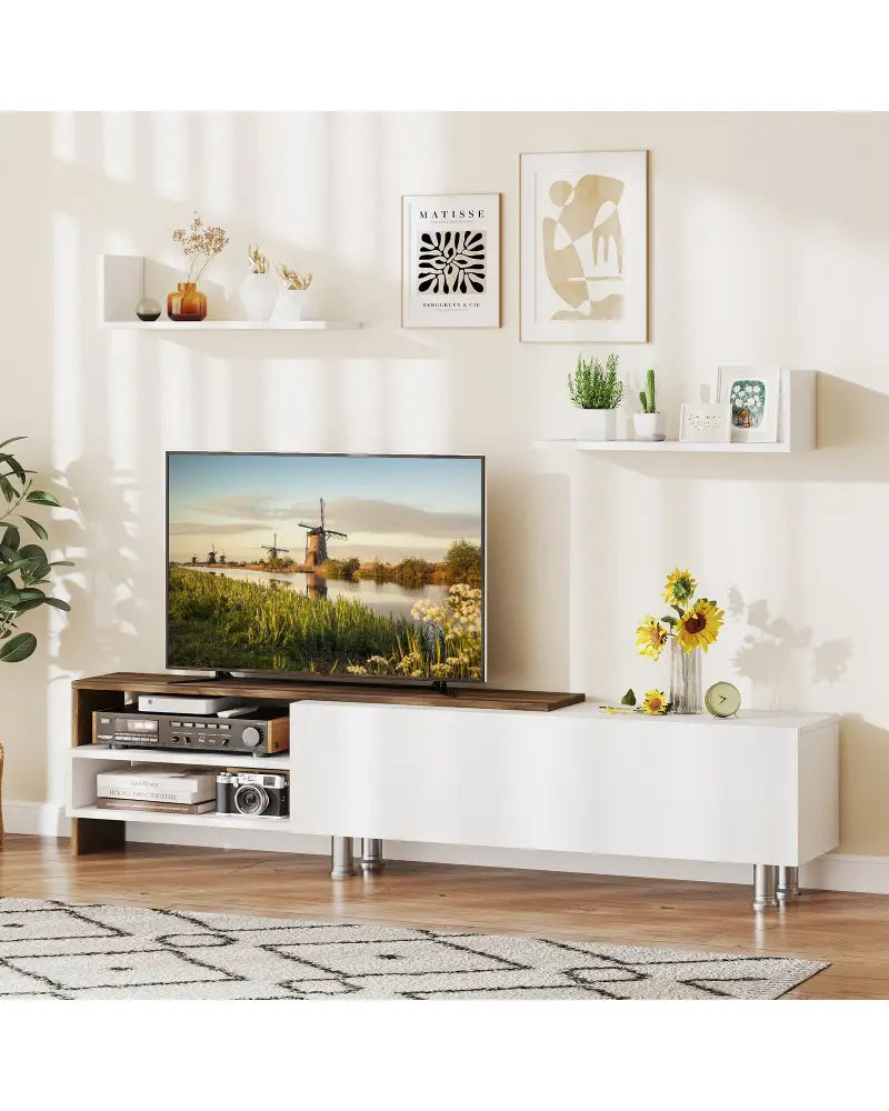 3 Pieces Farmhouse TV Stand for TVs up to 80 Inch with Cabinet and Compartments-White - White - Entertainment Centers &