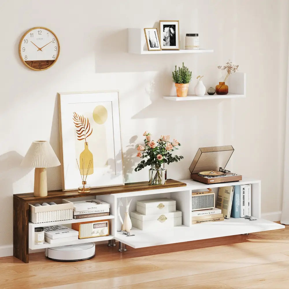 3 Pieces Farmhouse TV Stand for TVs up to 80 Inch with Cabinet and Compartments-White - White - Entertainment Centers &