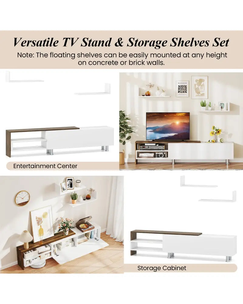 3 Pieces Farmhouse TV Stand for TVs up to 80 Inch with Cabinet and Compartments-White - White - Entertainment Centers &