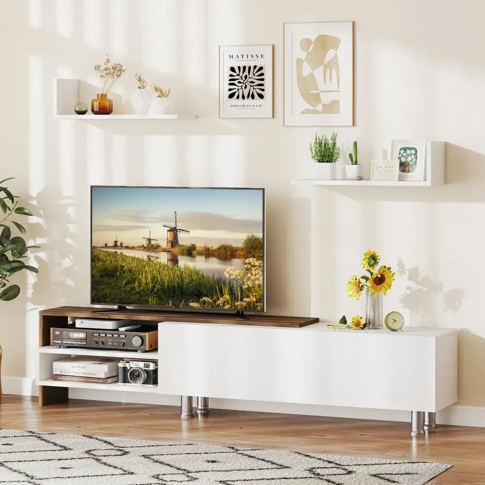 3 Pieces Farmhouse TV Stand for TVs up to 80 Inch with Cabinet and Compartments-White - White - Entertainment Centers &