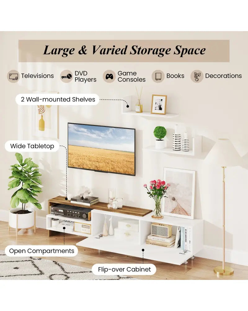 3 Pieces Farmhouse TV Stand for TVs up to 80 Inch with Cabinet and Compartments-White - White - Entertainment Centers &