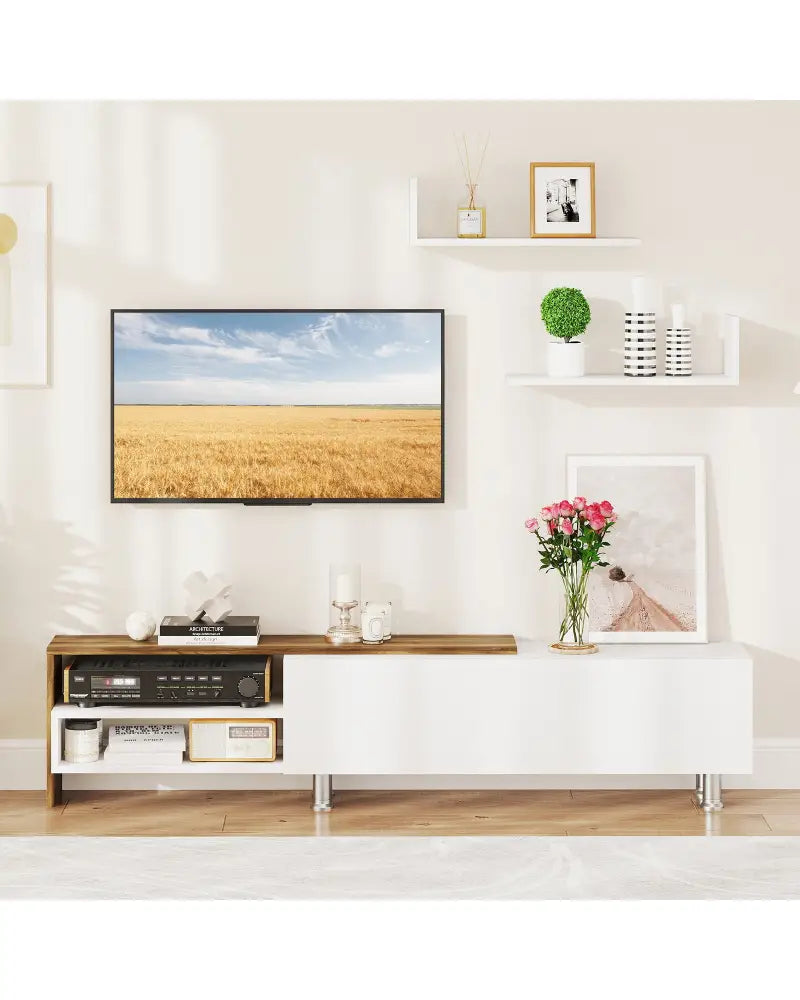 3 Pieces Farmhouse TV Stand for TVs up to 80 Inch with Cabinet and Compartments-White - White - Entertainment Centers &