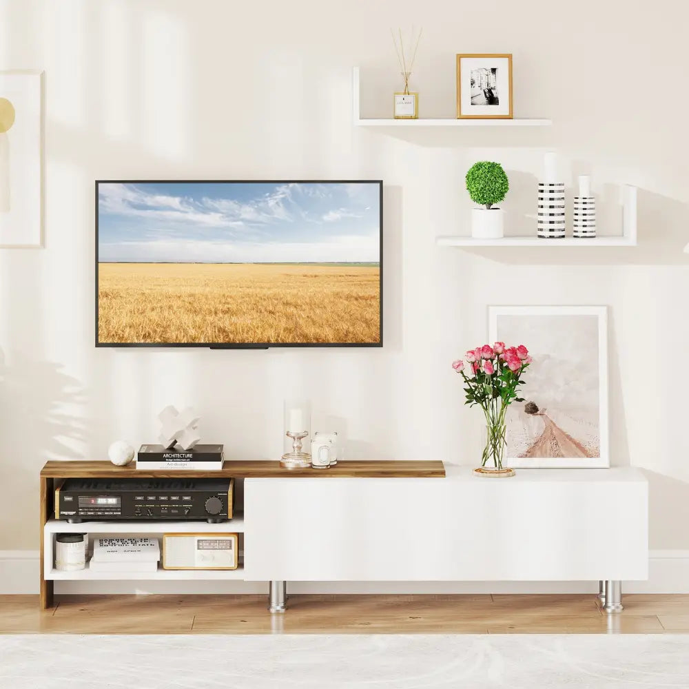 3 Pieces Farmhouse TV Stand for TVs up to 80 Inch with Cabinet and Compartments-White - White - Entertainment Centers &