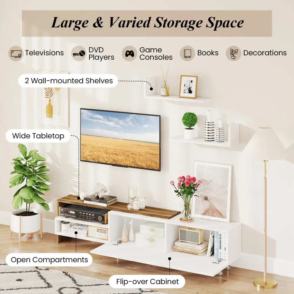 3 Pieces Farmhouse TV Stand for TVs up to 80 Inch with Cabinet and Compartments-White - White - Entertainment Centers &