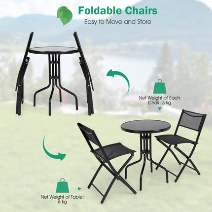 3 Pieces Folding Bistro Table Chairs Set for Indoor and Outdoor - Black - Patio Conversation Sets