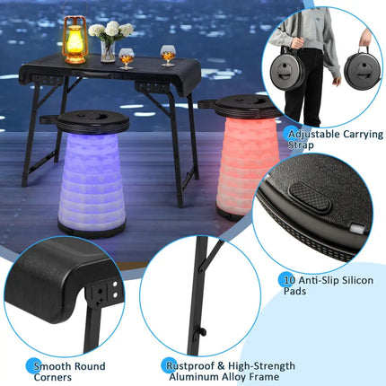 3 Pieces Folding Camping Table Stool Set with 2 Retractable LED Stools-Black - Black - Camping Furniture