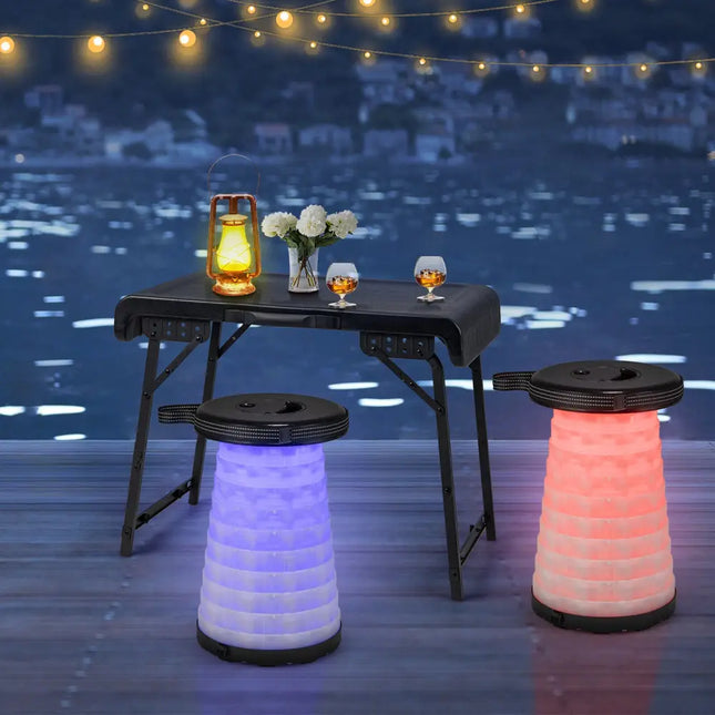 3 Pieces Folding Camping Table Stool Set with 2 Retractable LED Stools-Black - Black - Camping Furniture