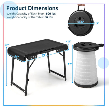 3 Pieces Folding Camping Table Stool Set with 2 Retractable LED Stools-Black - Black - Camping Furniture