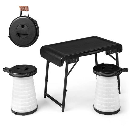 3 Pieces Folding Camping Table Stool Set with 2 Retractable LED Stools-Black - Black - Camping Furniture