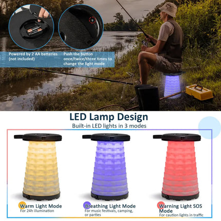 3 Pieces Folding Camping Table Stool Set with 2 Retractable LED Stools-Black - Black - Camping Furniture