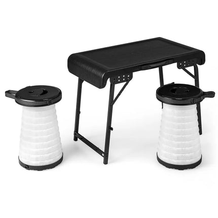 3 Pieces Folding Camping Table Stool Set with 2 Retractable LED Stools-Black - Black - Camping Furniture