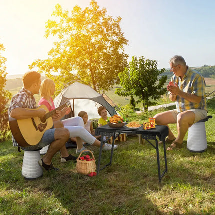 3 Pieces Folding Camping Table Stool Set with 2 Retractable LED Stools-Black - Black - Camping Furniture