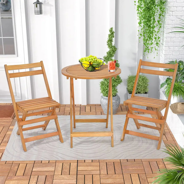 3 Pieces Folding Patio Bistro Set with Slatted Tabletop - Natural - Patio Conversation Sets