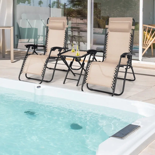 3 Pieces Folding Portable Zero Gravity Reclining Lounge Chairs Table Set-Beige - Beige - Patio Conversation Sets