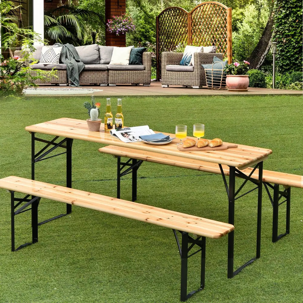 3 Pieces Folding Wooden Picnic Table Bench Set - Picnic Tables