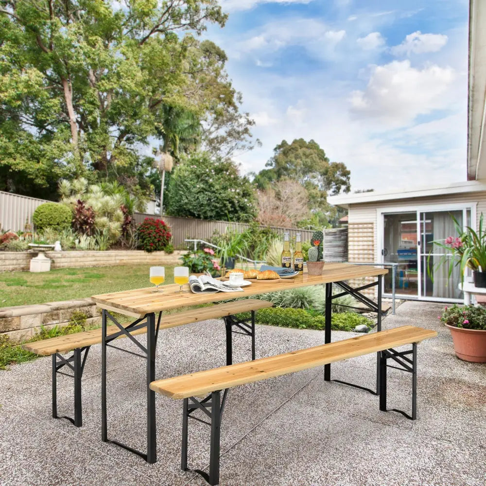 3 Pieces Folding Wooden Picnic Table Bench Set - Picnic Tables