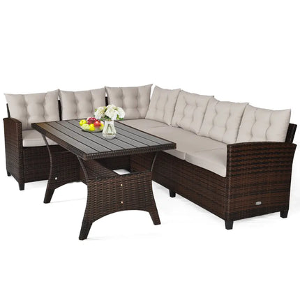 3 Pieces Hand-Woven Rattan Outdoor Sofa Set with Dining Table - Brown - Outdoor Sectionals