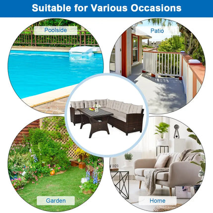 3 Pieces Hand-Woven Rattan Outdoor Sofa Set with Dining Table - Brown - Outdoor Sectionals