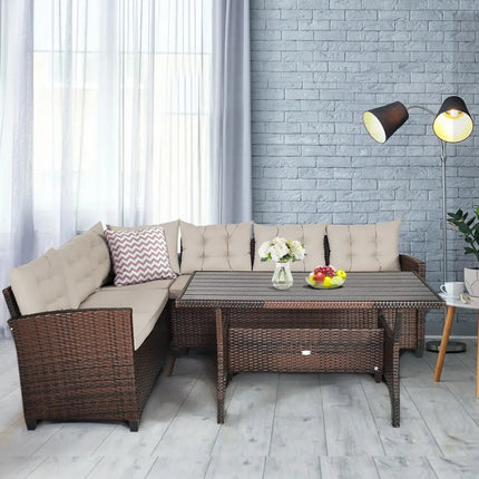 3 Pieces Hand-Woven Rattan Outdoor Sofa Set with Dining Table - Brown - Outdoor Sectionals