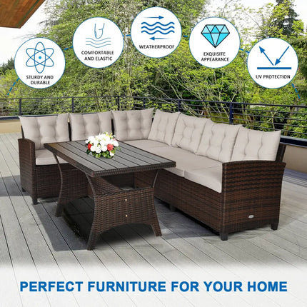 3 Pieces Hand-Woven Rattan Outdoor Sofa Set with Dining Table - Brown - Outdoor Sectionals