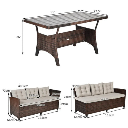 3 Pieces Hand-Woven Rattan Outdoor Sofa Set with Dining Table - Brown - Outdoor Sectionals