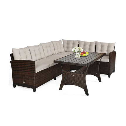 3 Pieces Hand-Woven Rattan Outdoor Sofa Set with Dining Table - Brown - Outdoor Sectionals