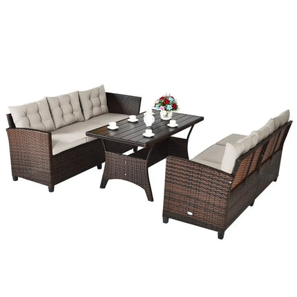 3 Pieces Hand-Woven Rattan Outdoor Sofa Set with Dining Table - Brown - Outdoor Sectionals
