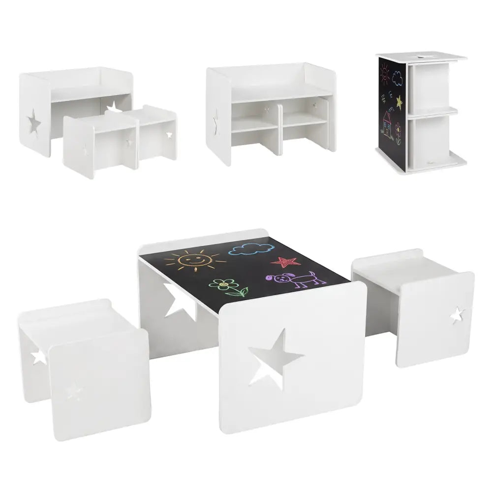3 Pieces Kids Table and Chair Set Space-saving Toddler Table and 2 Chairs-White - White - Kids Table & Chair Sets