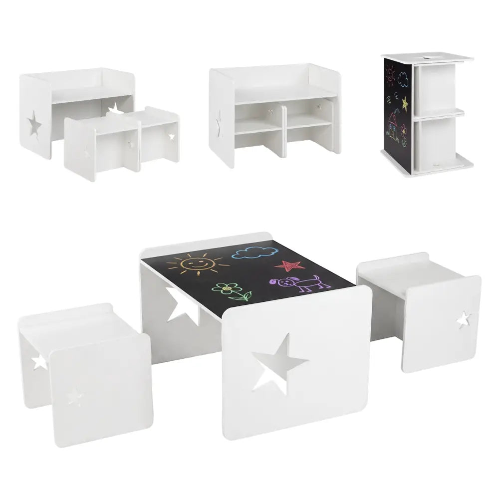 3 Pieces Kids Table and Chair Set Space-saving Toddler Table and 2 Chairs-White - White - Kids Table & Chair Sets