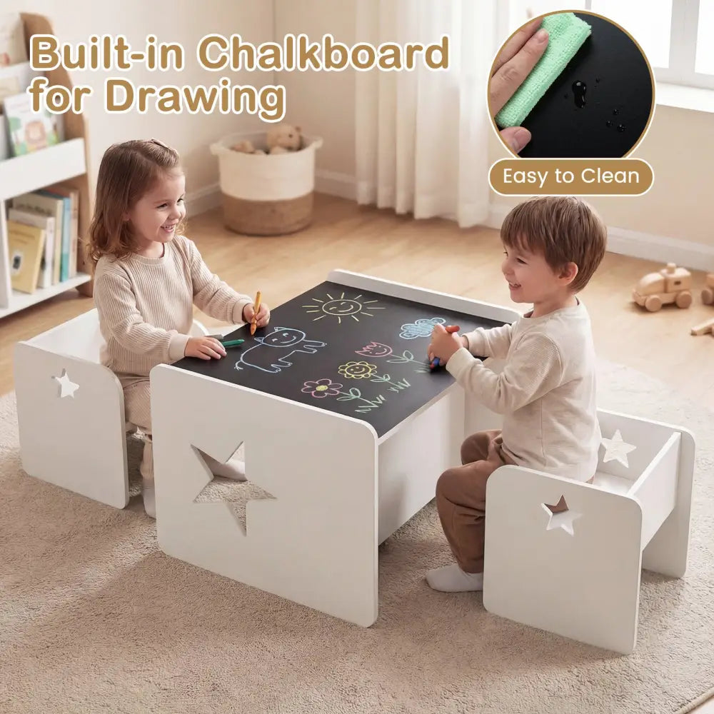 3 Pieces Kids Table and Chair Set Space-saving Toddler Table and 2 Chairs-White - White - Kids Table & Chair Sets