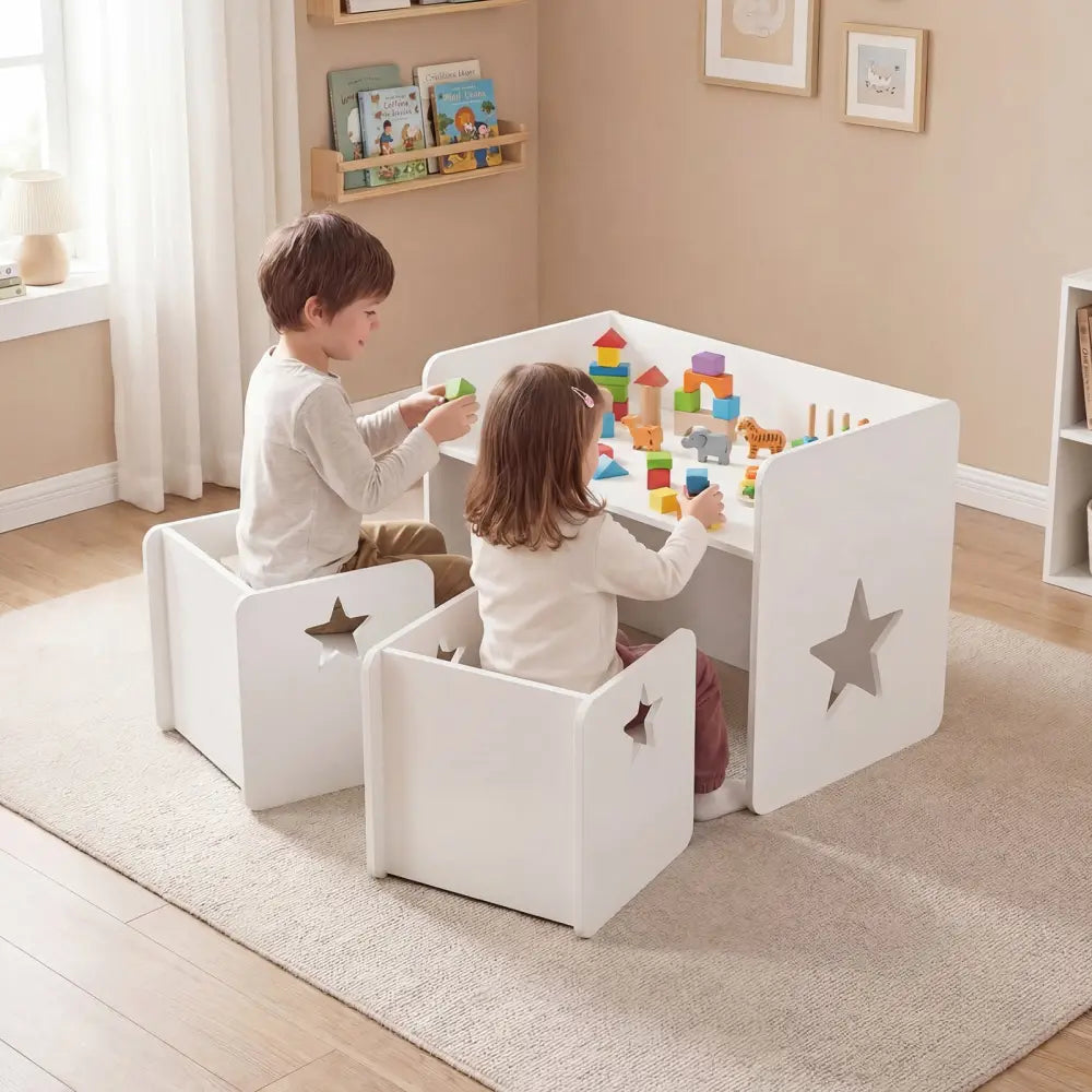 3 Pieces Kids Table and Chair Set Space-saving Toddler Table and 2 Chairs-White - White - Kids Table & Chair Sets