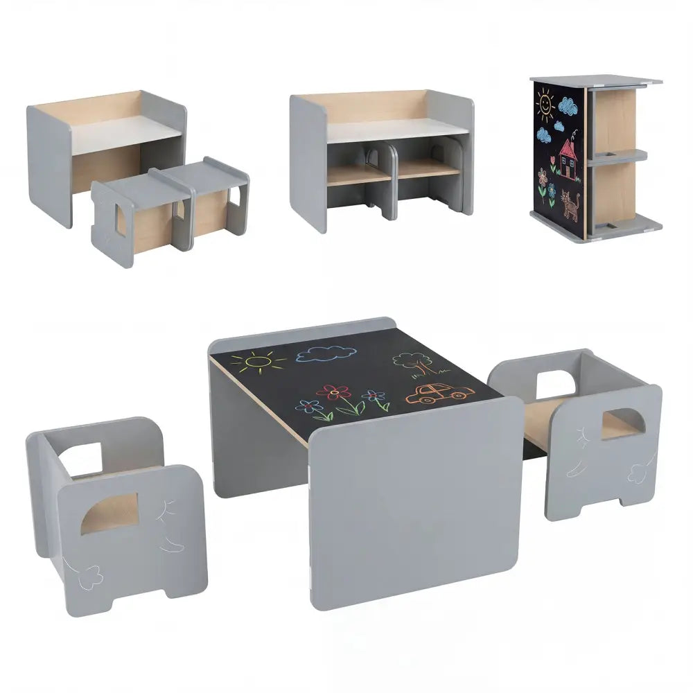 3 Pieces Kids Table and Chair Set with Space-saving Toddler Table and 2 Chairs-Gray - Gray - Kids Table & Chair Sets