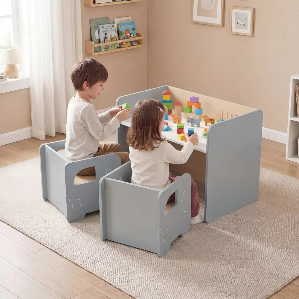 3 Pieces Kids Table and Chair Set with Space-saving Toddler Table and 2 Chairs-Gray - Gray - Kids Table & Chair Sets