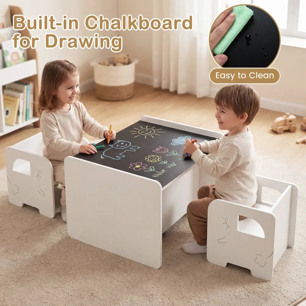 3 Pieces Kids Table and Chair Set with Space-saving Toddler Table and 2 Chairs-White - White - Kids Table & Chair Sets