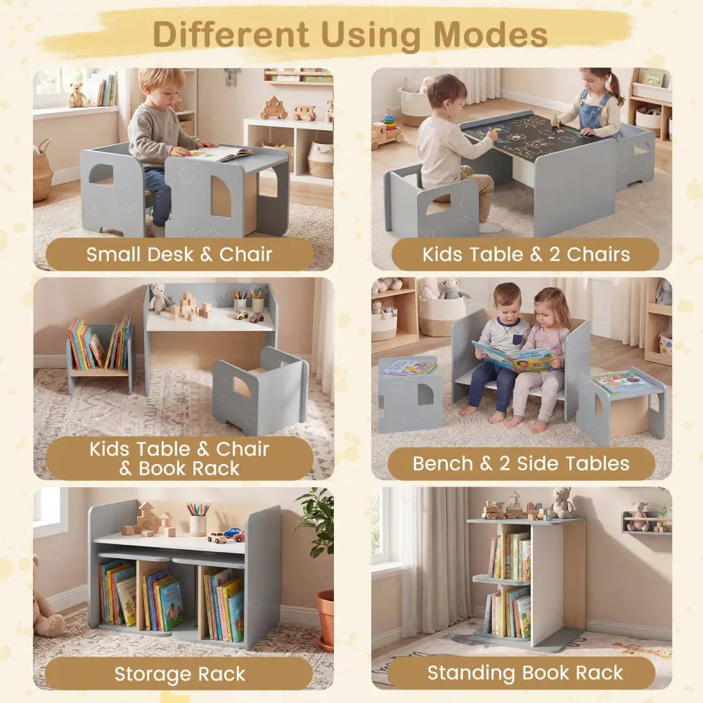 3 Pieces Kids Table and Chair Set with Space-saving Toddler Table and 2 Chairs-Gray - Gray - Kids Table & Chair Sets