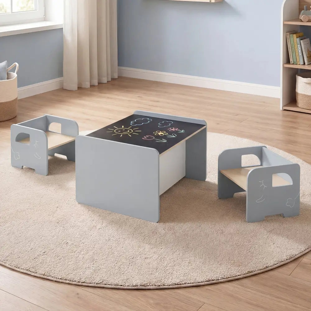 3 Pieces Kids Table and Chair Set with Space-saving Toddler Table and 2 Chairs-Gray - Gray - Kids Table & Chair Sets