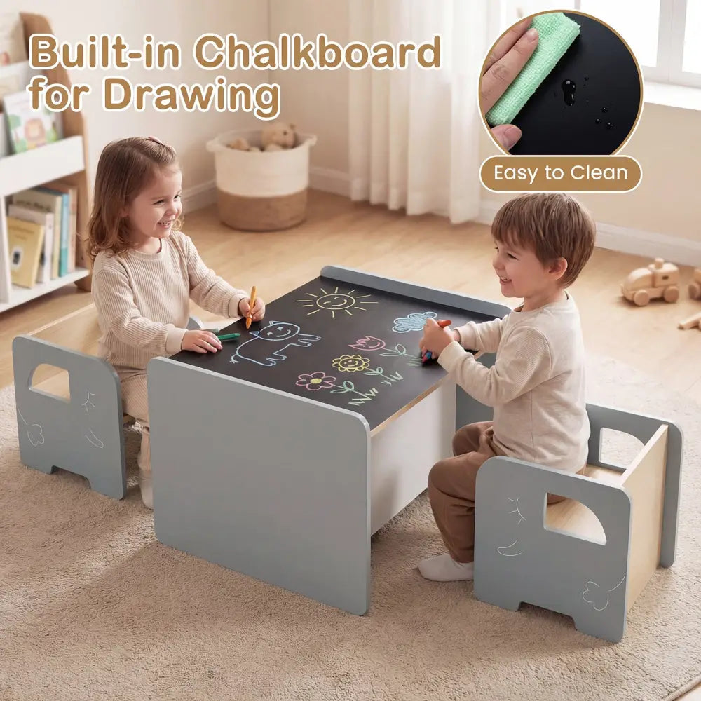 3 Pieces Kids Table and Chair Set with Space-saving Toddler Table and 2 Chairs-Gray - Gray - Kids Table & Chair Sets