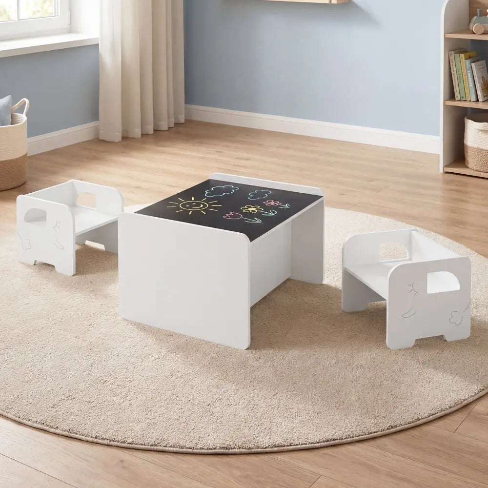 3 Pieces Kids Table and Chair Set with Space-saving Toddler Table and 2 Chairs-White - White - Kids Table & Chair Sets
